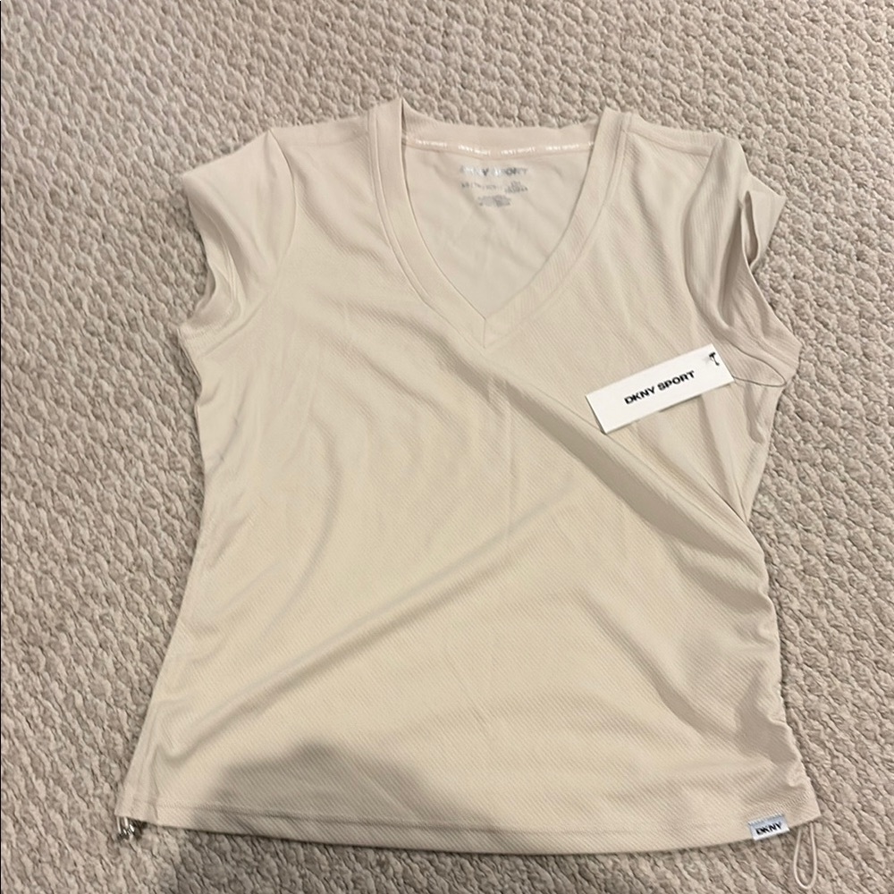 DKNY Tan Cream Cap Sleeve Fitted Tee